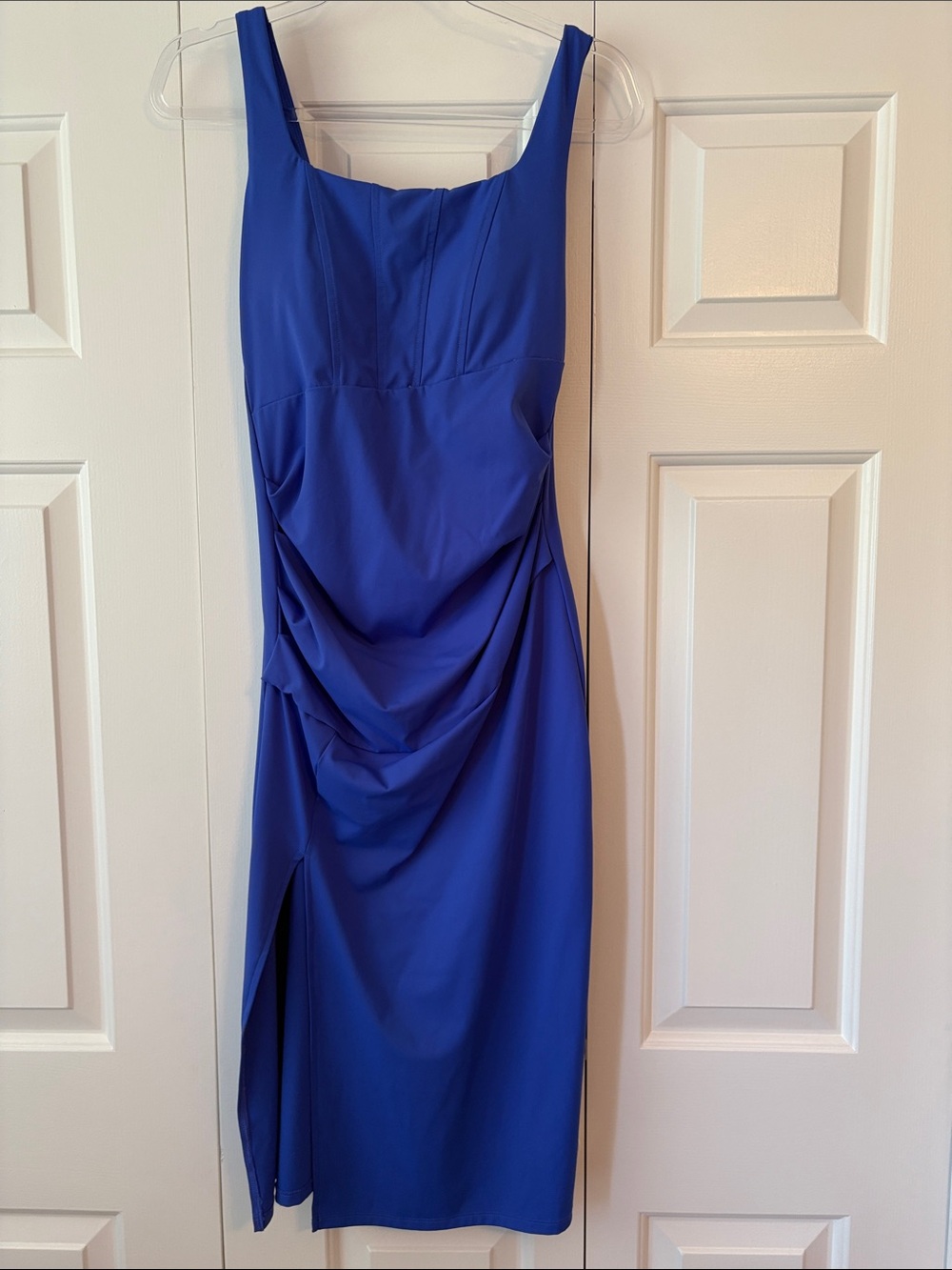 Elegant Royal Blue Draped Sheath Dress stretch for fit and comfort.